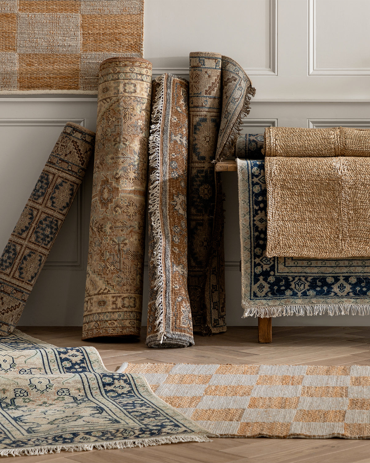 Tapis à carreaux tissé à la main en laine et jute