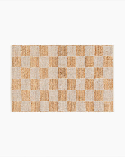 Tapis à carreaux tissé à la main en laine et jute